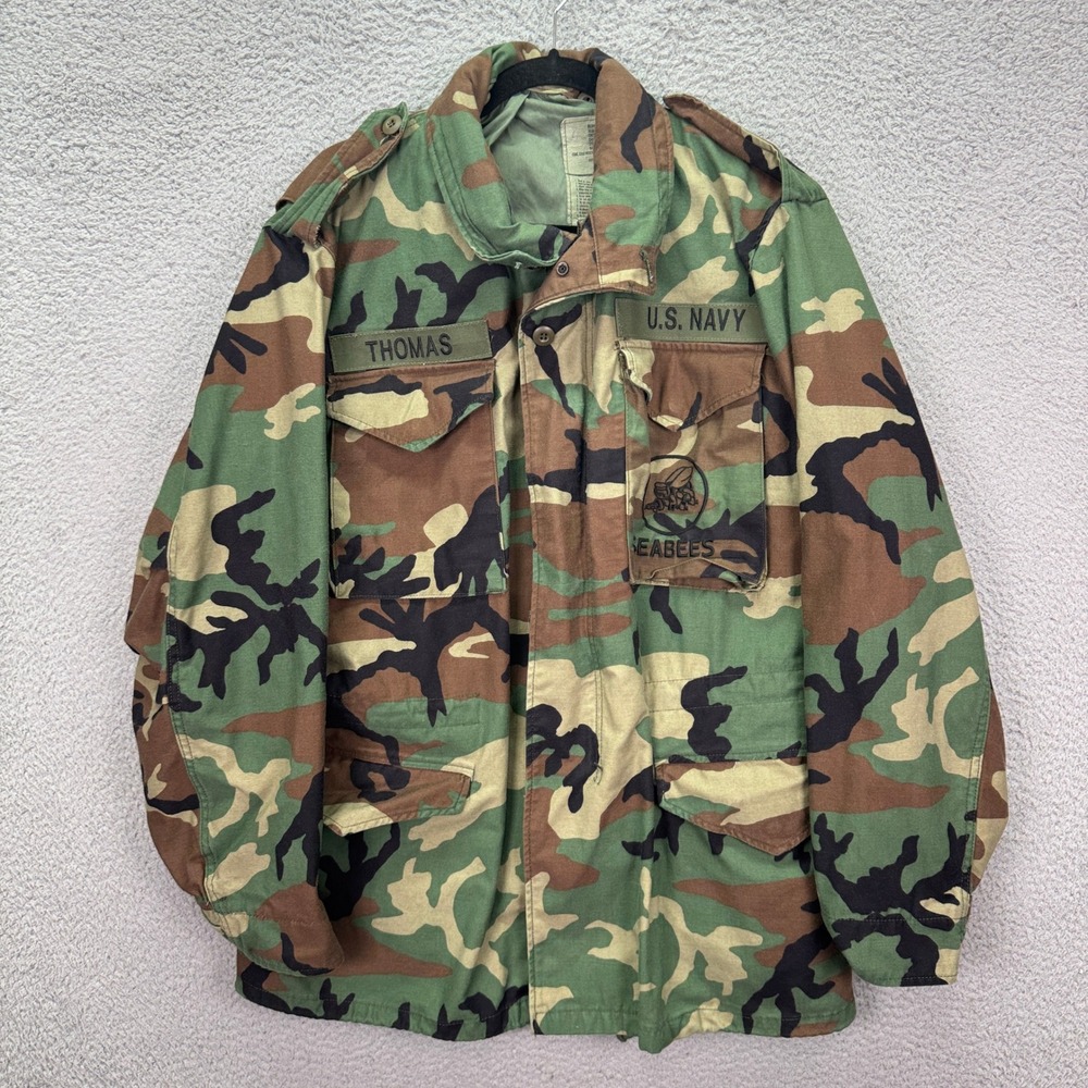 US Navy M-65 Field Jacket Mens M Long Green Woodland Camo Seabees Military Coat